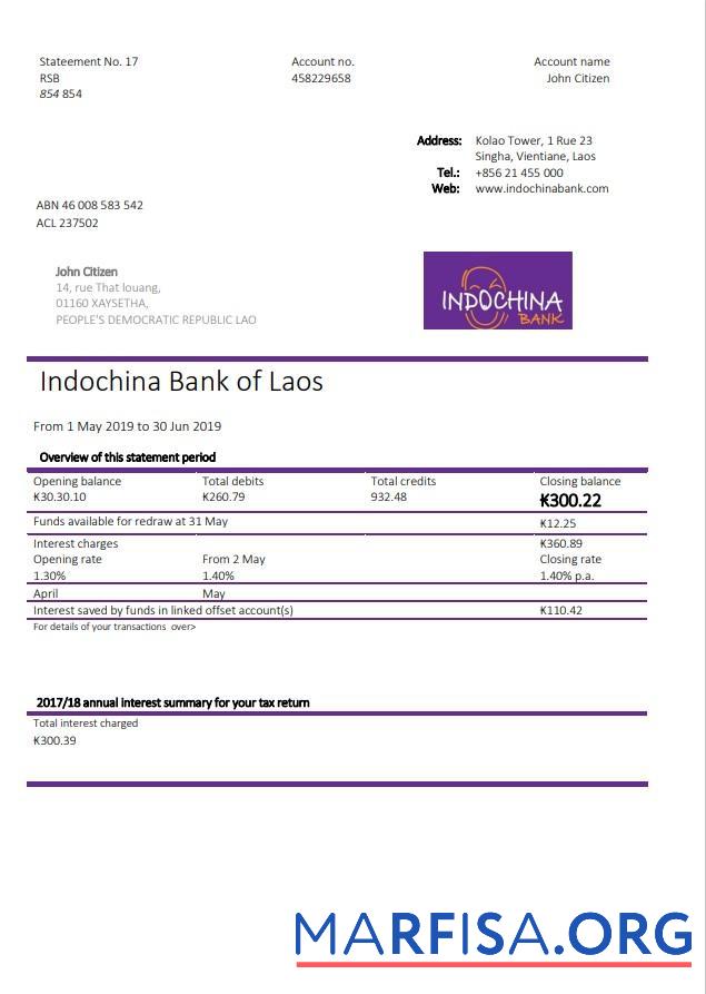 Downloadable Laos Indochina bank statement word real example